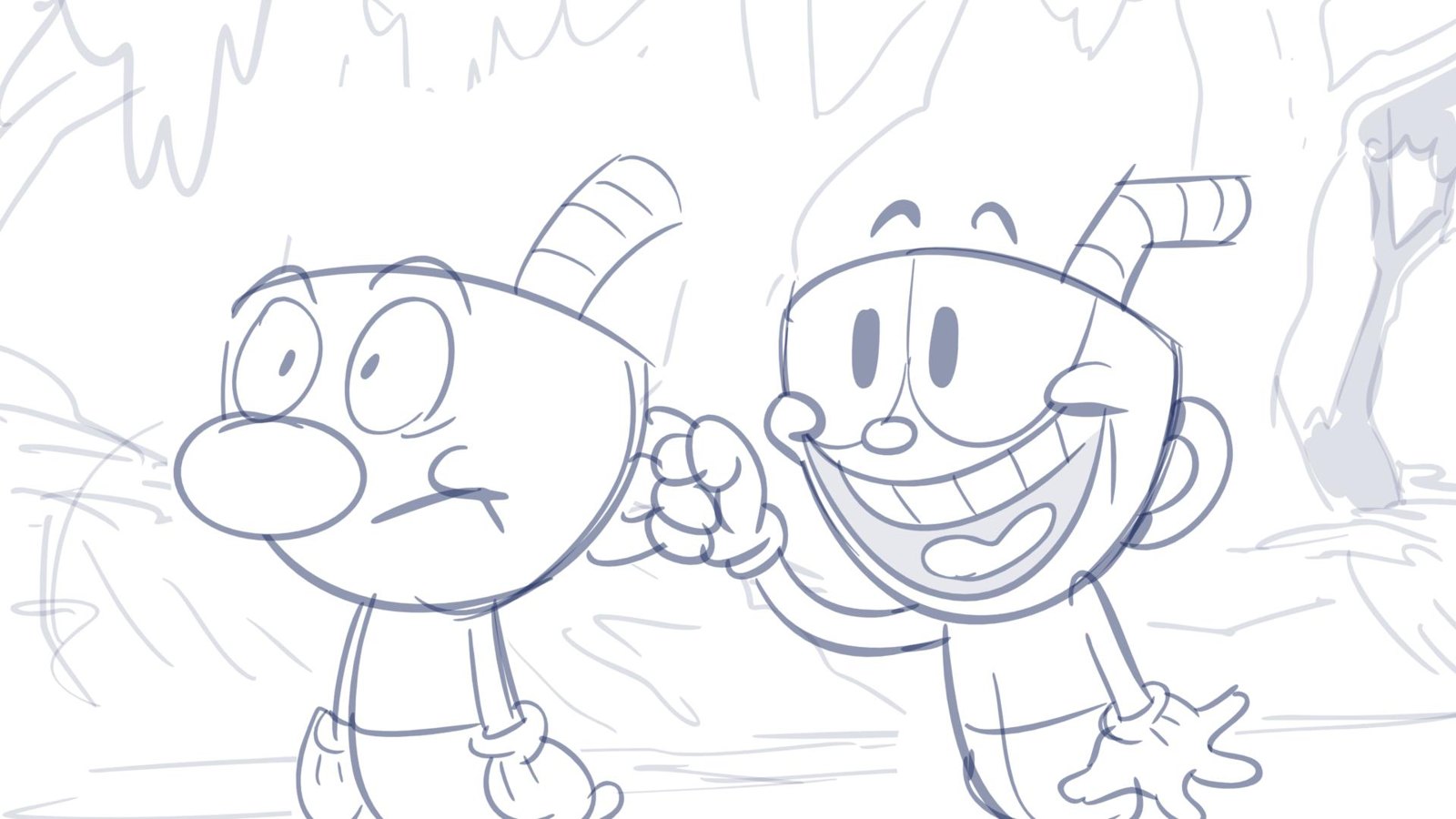 Cuphead grins and elbows a worried Mugman