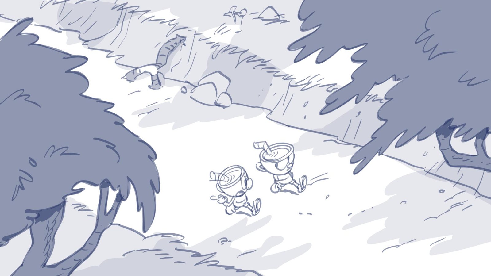 Cuphead and Mugman march down a path between big shaded trees