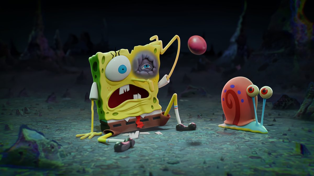 The same framing in the dark trench: SpongeBob battered with a black eye, Gary beside him