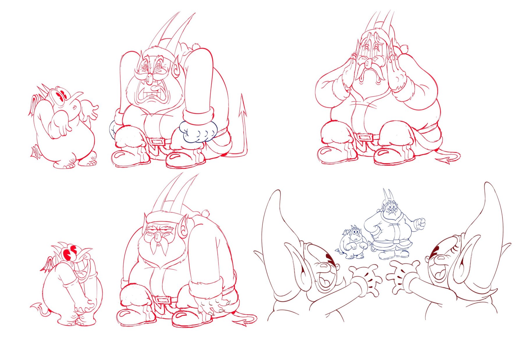 Santa Devil and the henchman, crouching and horrified
