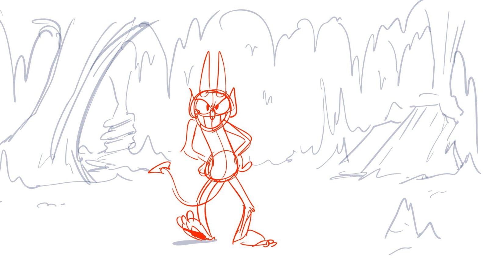The Devil, roughed in red, strolls through his cavern, hands on hips