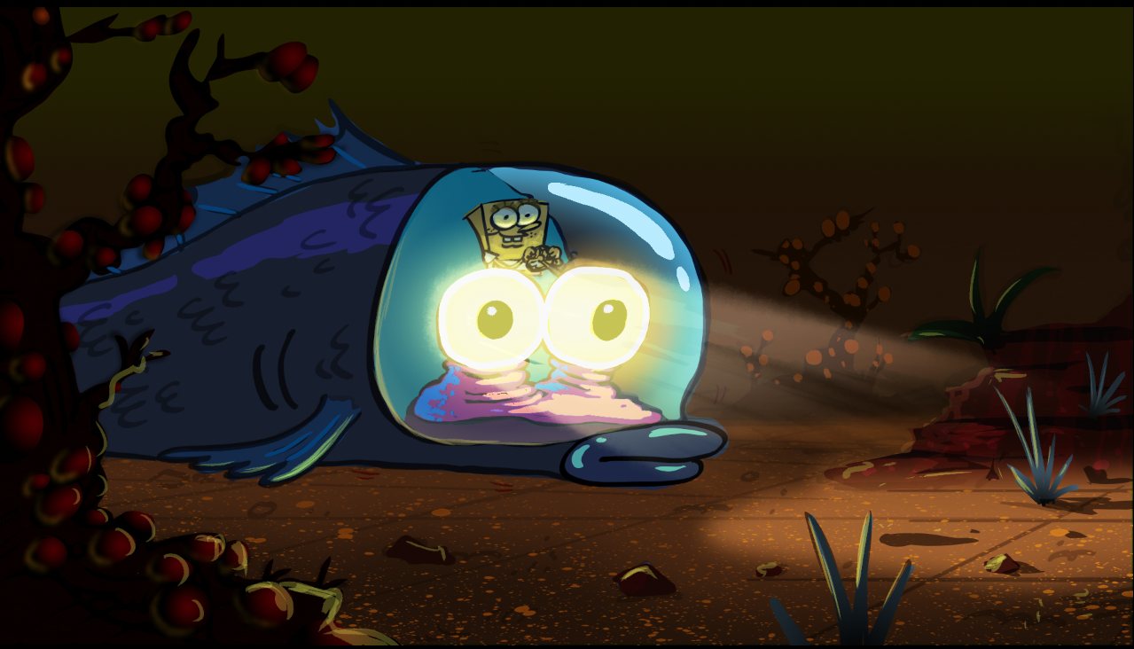Color key: SpongeBob triumphant on a pile of skulls, holding the ball