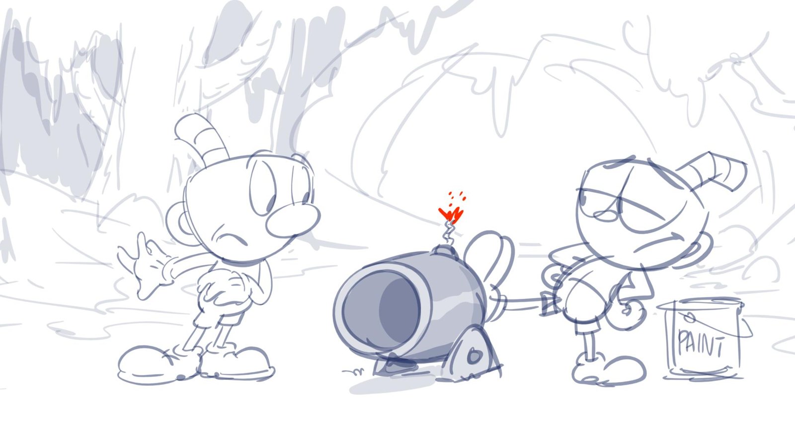 Mugman frowns at a lit cannon while Cuphead leans on it beside a paint can