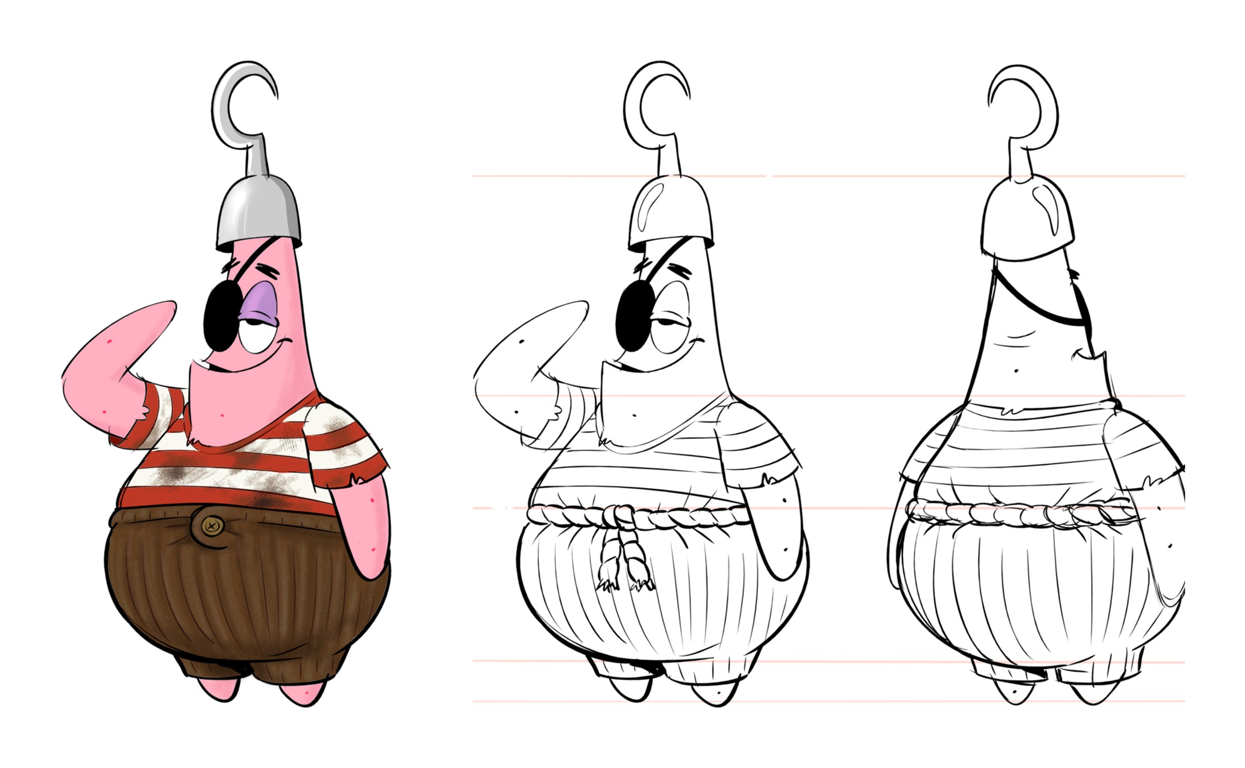 Pirate Patrick in color with a hook helmet and eye patch, beside his front and back line turnaround