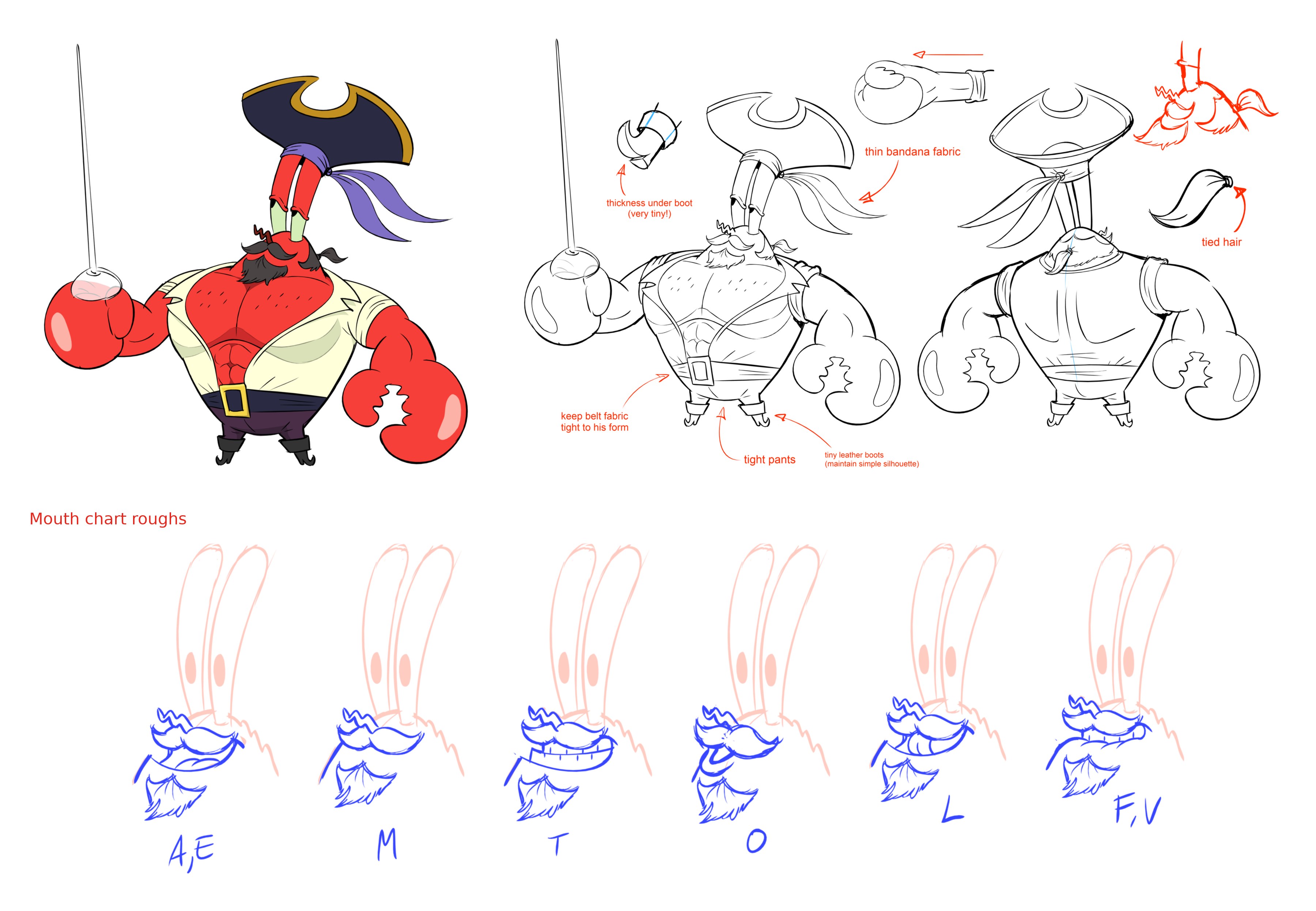 Pirate Mr. Krabs in color with a rapier, his front and back model sheet with red notes, and a row of mouth chart roughs for A/E, M, T, O, L and F/V