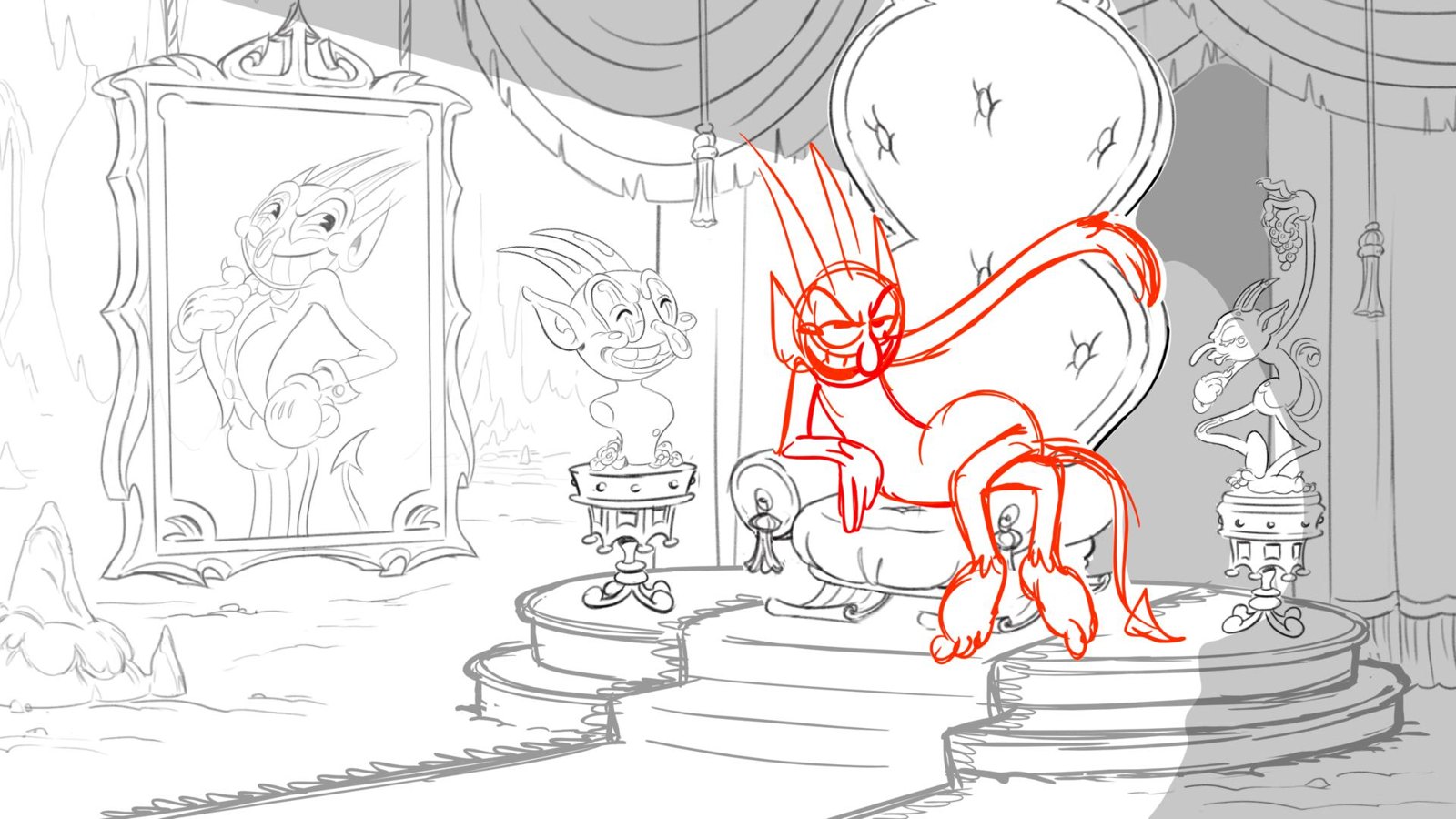 The Devil lounges on his throne beneath portraits and busts of himself