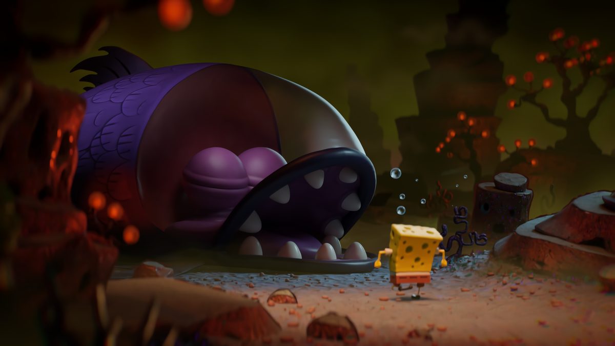 Bessy the anglerfish, mouth open, towering over a tiny SpongeBob