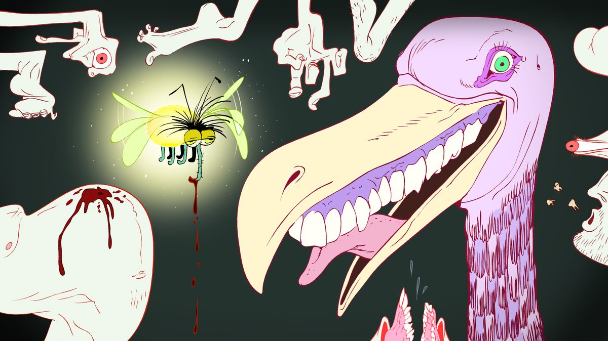 A grinning pelican-like creature eyes a bleeding mosquito surrounded by floating hands