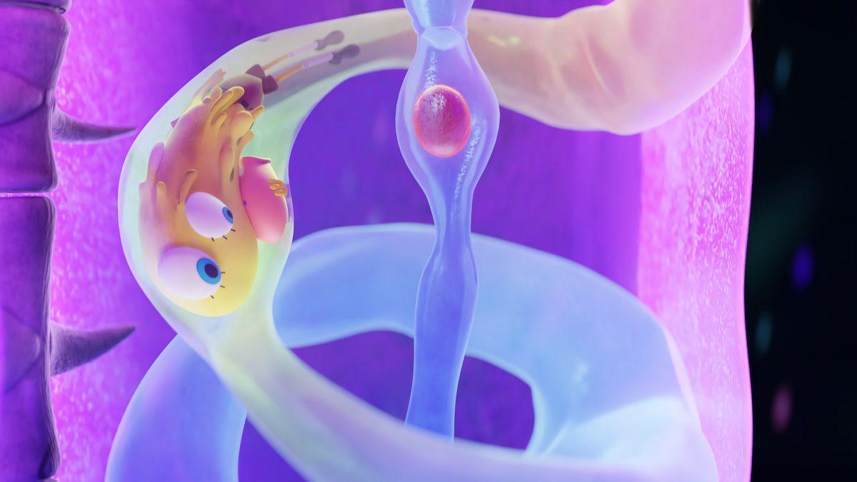 SpongeBob seen through the translucent body of a giant glowing fish that has swallowed him
