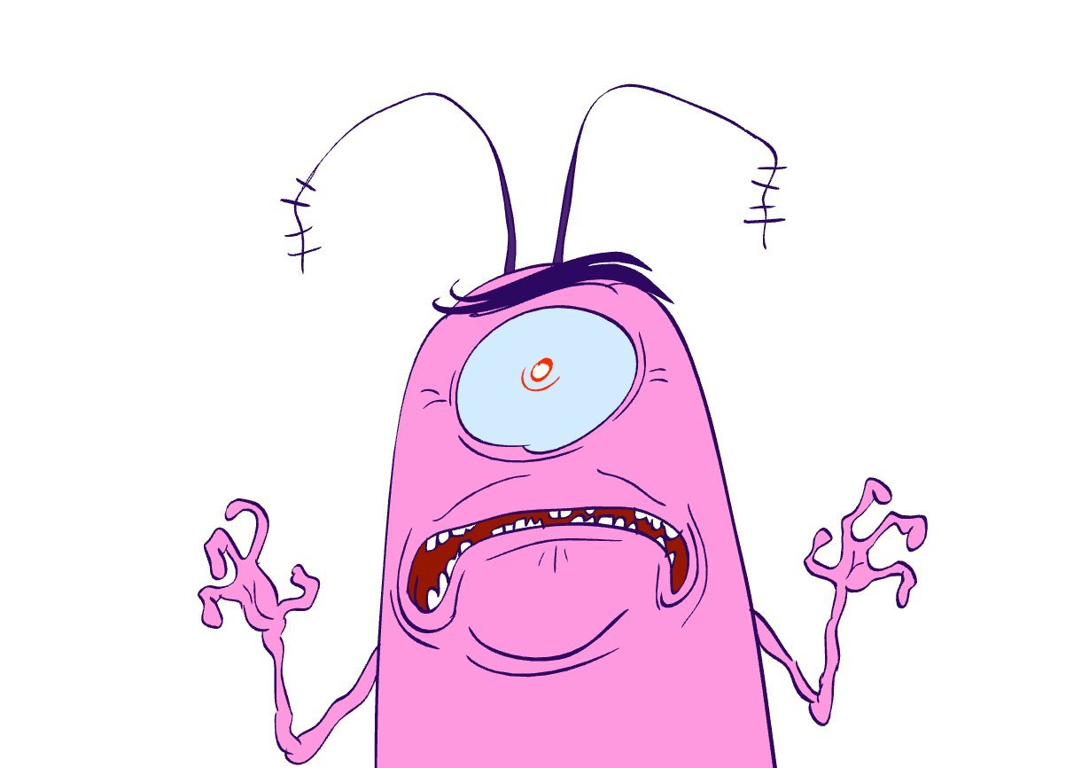 A pink, one-eyed Plankton-like creature, frightened, hands up