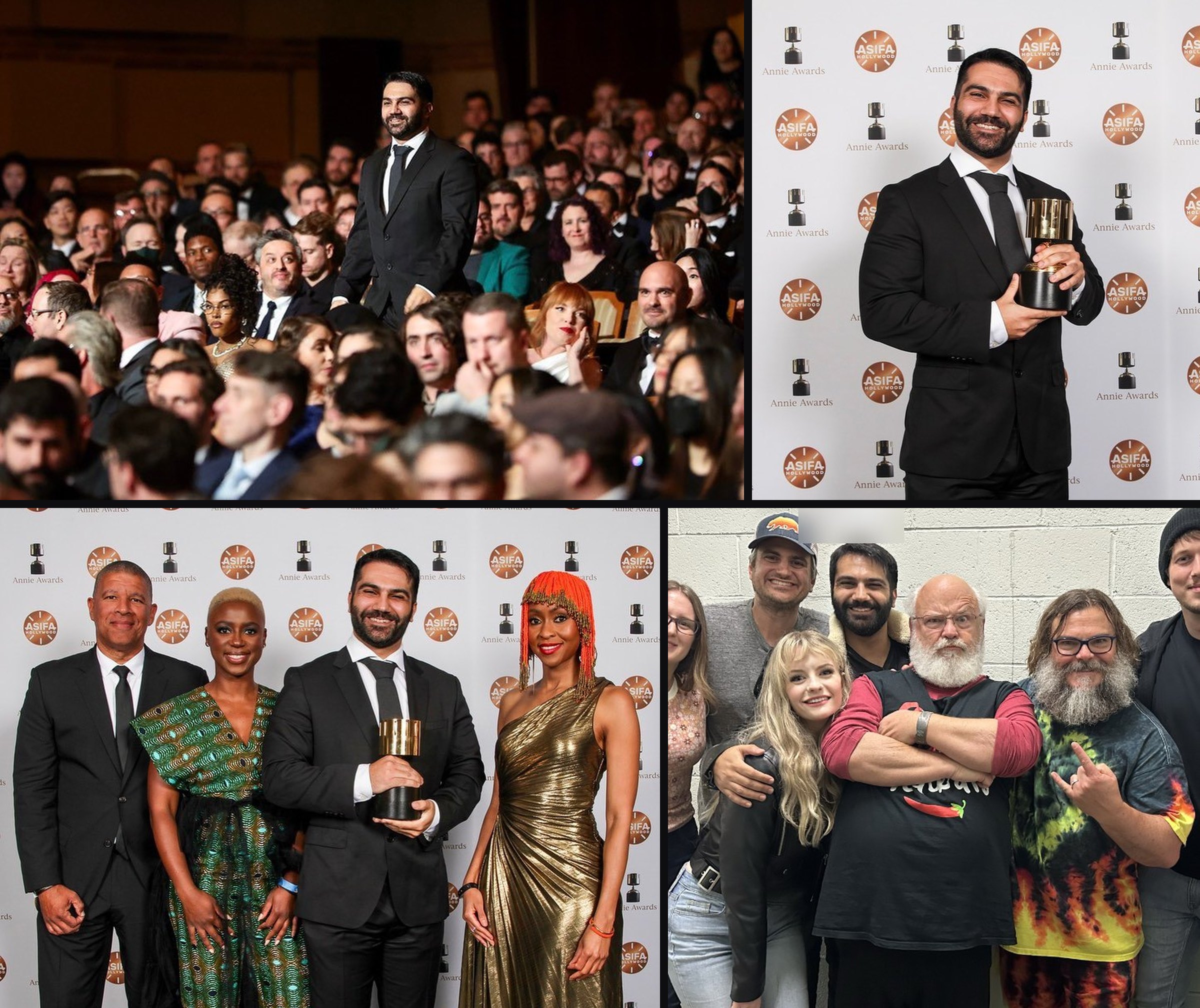 Annie Awards night: Adam rising from his seat at Royce Hall, with the award at the press wall, with presenters Peter Ramsey, Tendayi Nyeke and Ng’endo Mukii, and backstage with Jack Black and Kyle Gass