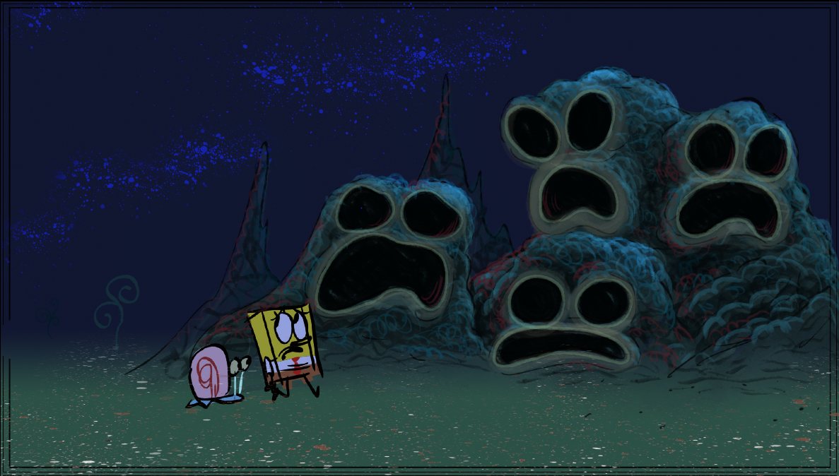 Color key: SpongeBob and Gary cower before rocks shaped like screaming faces