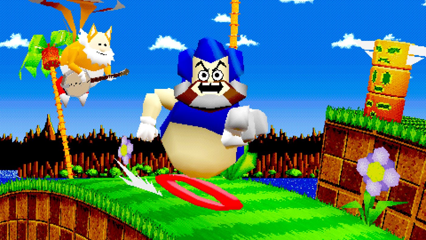 Jack as a blue speedster in an 8-bit green hill zone, with Kyle as his two-tailed sidekick