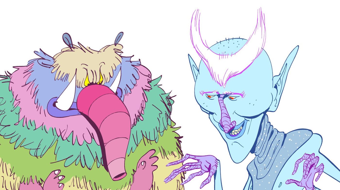 A shaggy rainbow-furred beast with a long pink snout beside a pale blue horned creature