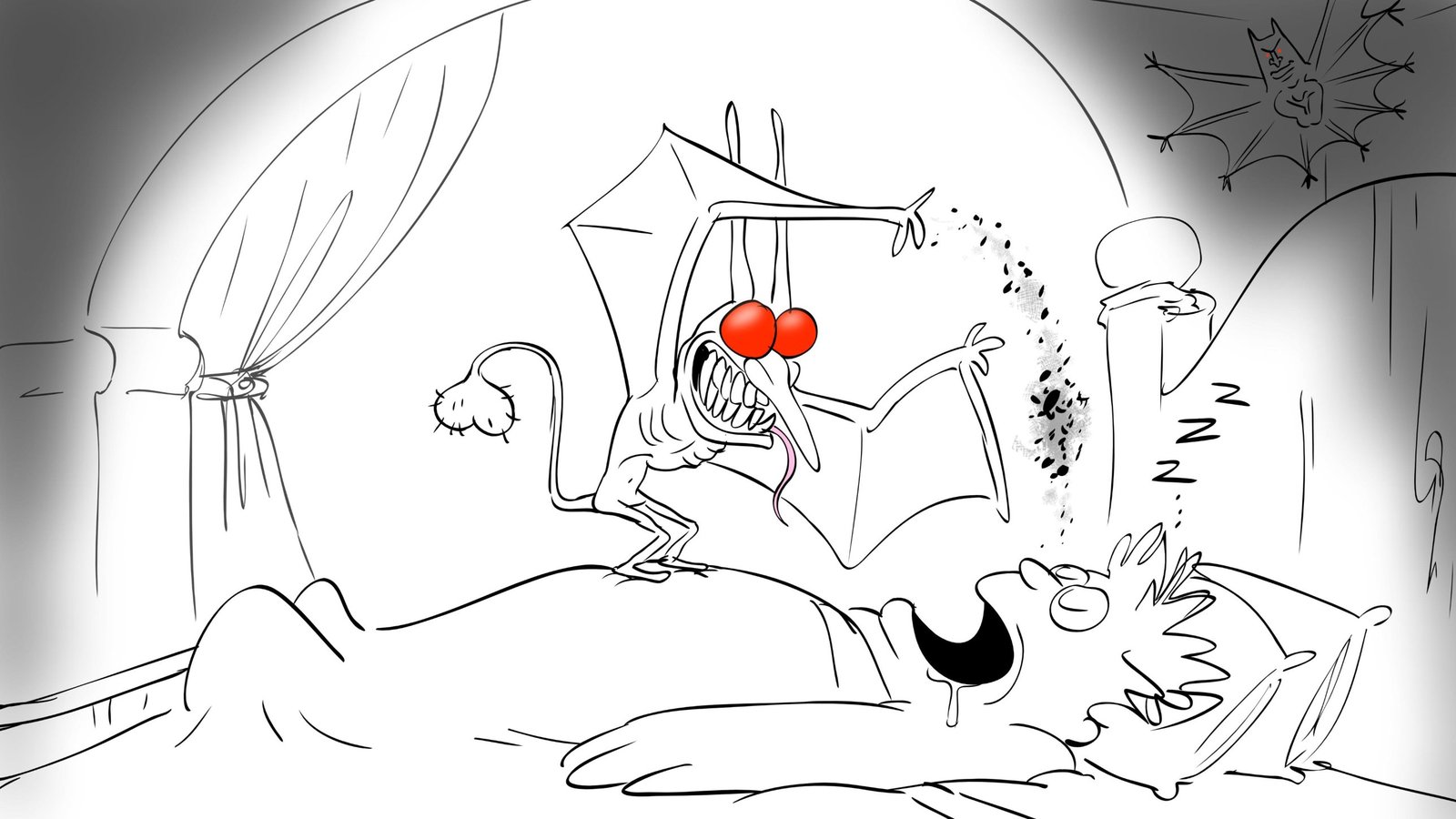 Board: a bat demon sprinkles dust over a sleeping Paddy