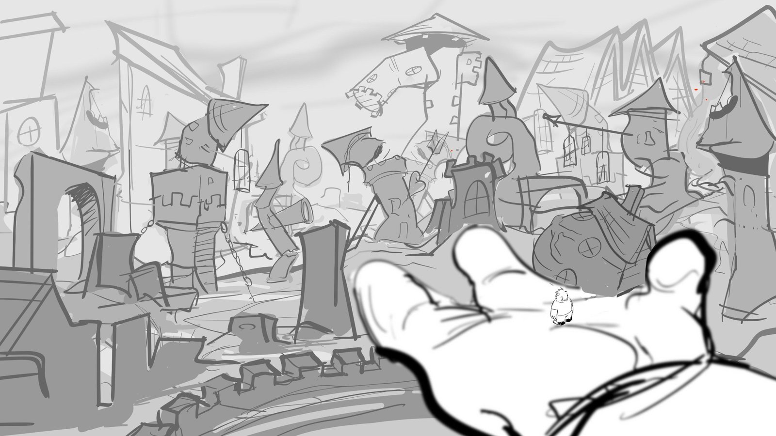 Board: a giant hand holds Paddy up over a ruined crooked town