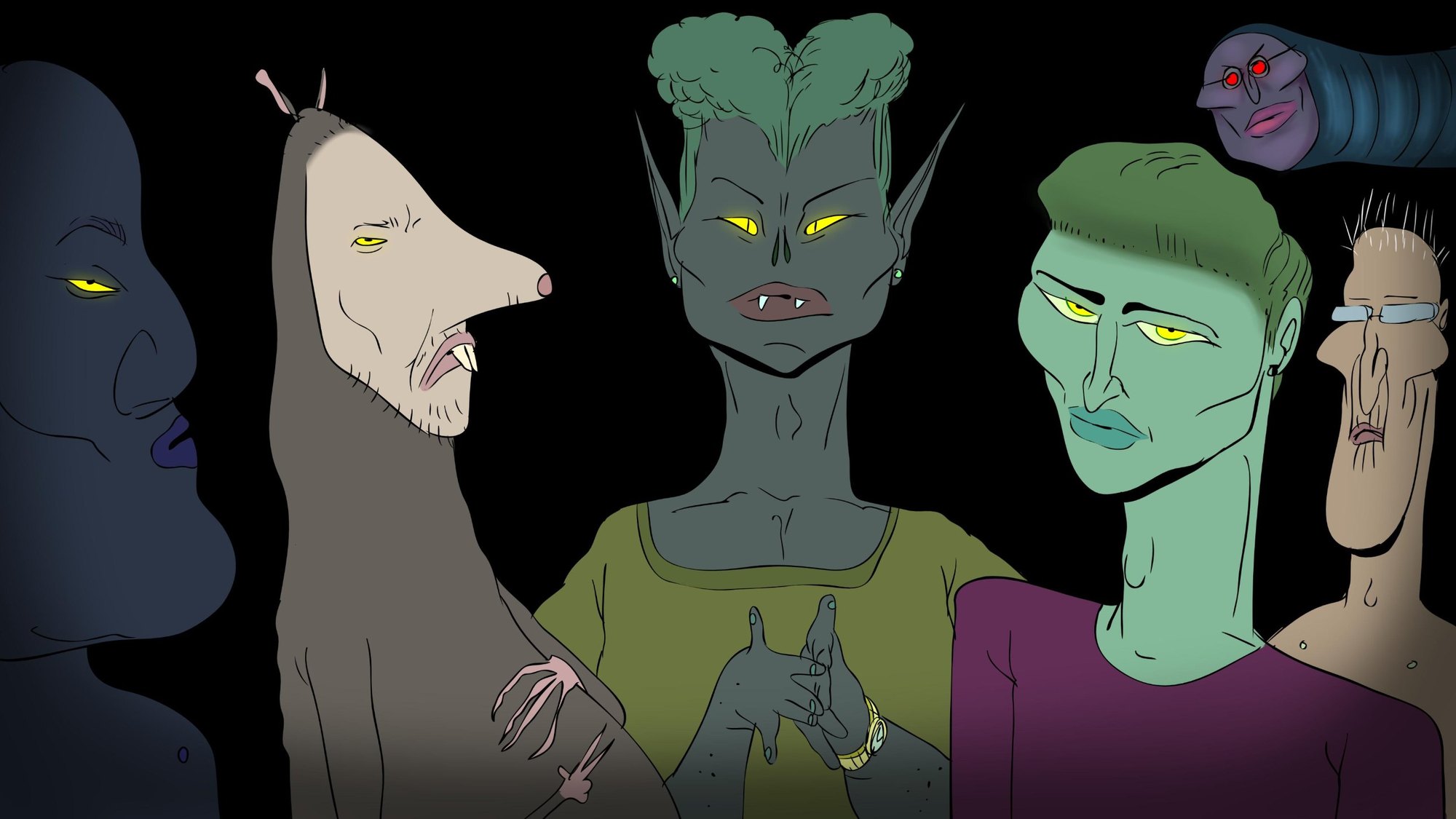A dark lineup of yellow-eyed creatures: a blue giant, a mole-faced vampire, a pointy-eared woman with a gold watch, a green-faced man and a floating worm