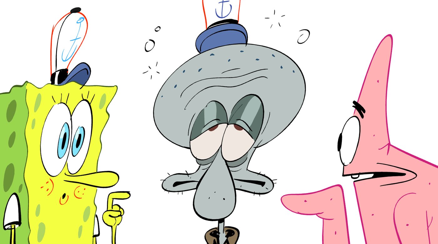 SpongeBob, a dazed Squidward and Patrick in sailor hats