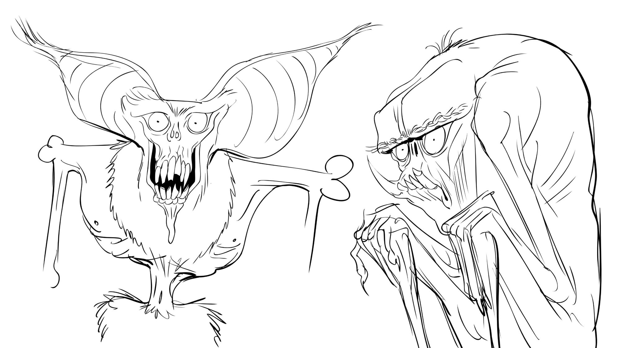 Line drawing of a bat-eared skull creature and a hunched, droopy-eyed ghoul