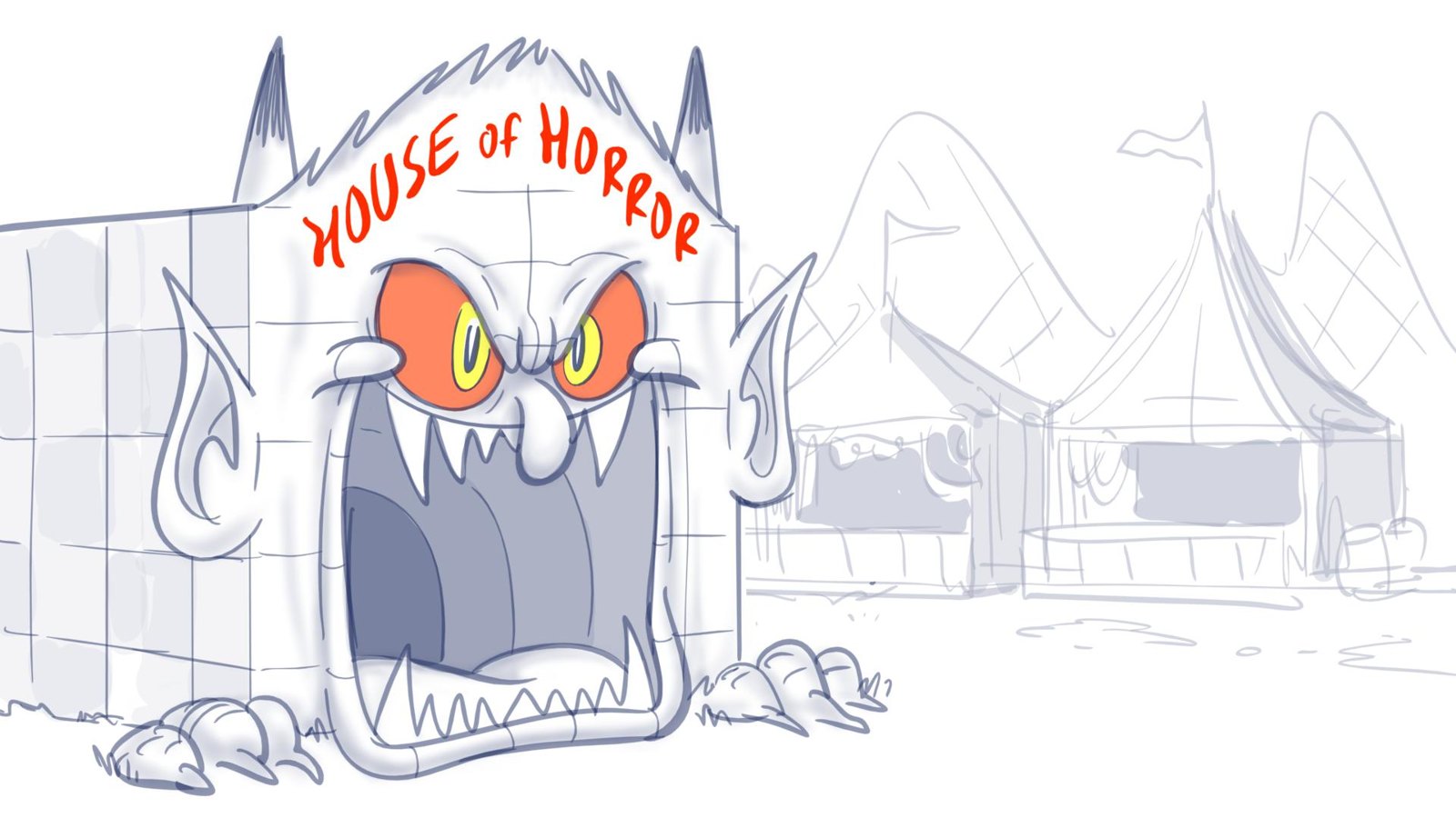 The same entrance transformed into a fanged House of Horror