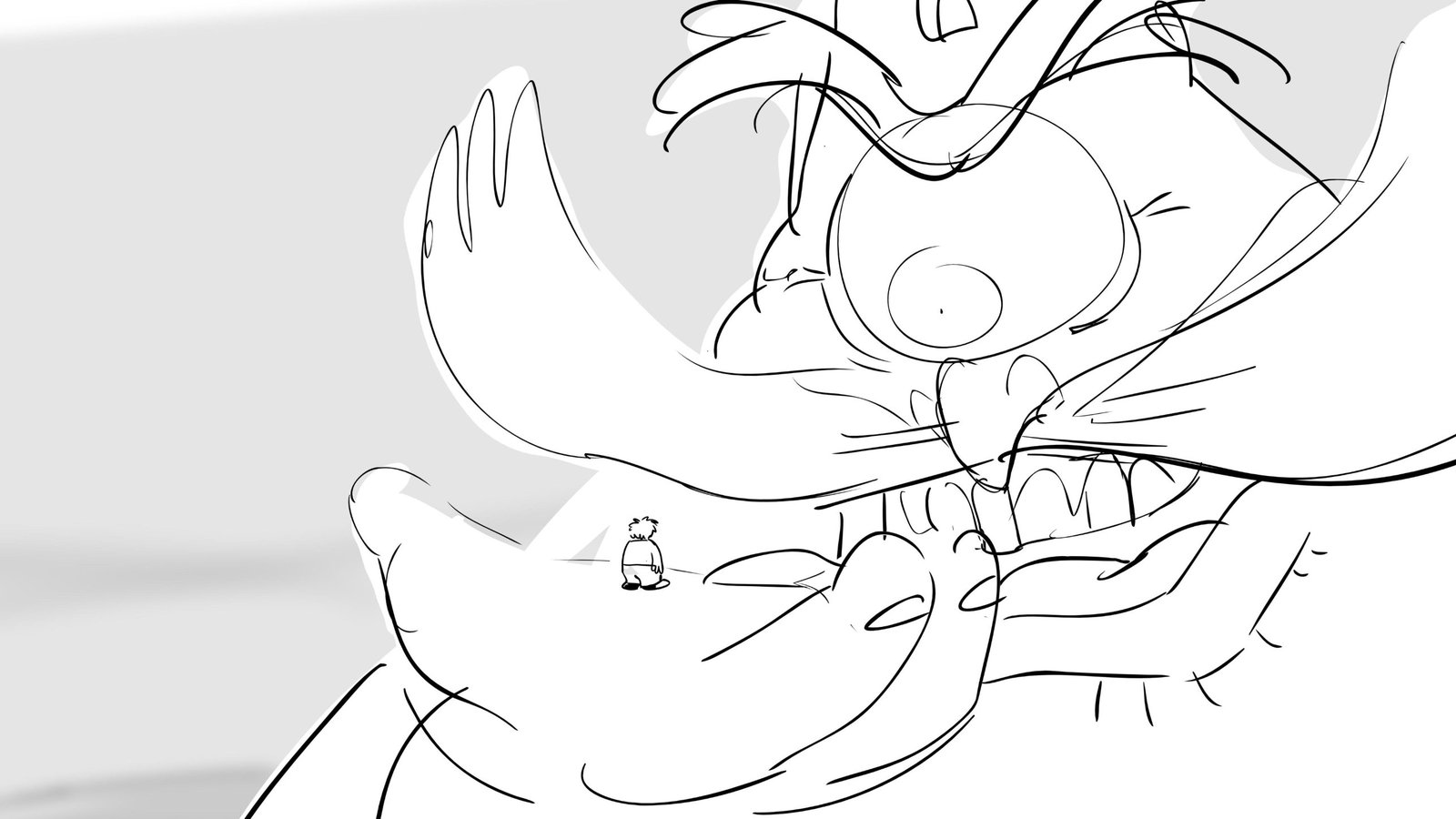 Board: Paddy, tiny, stands on the king’s lip beneath his giant eye
