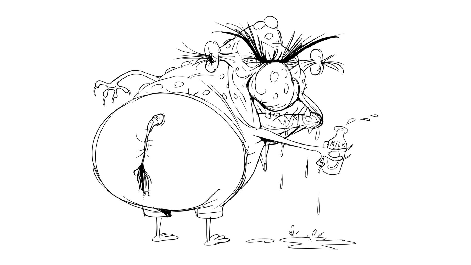Line drawing of the warty creature drinking from a jug, from behind