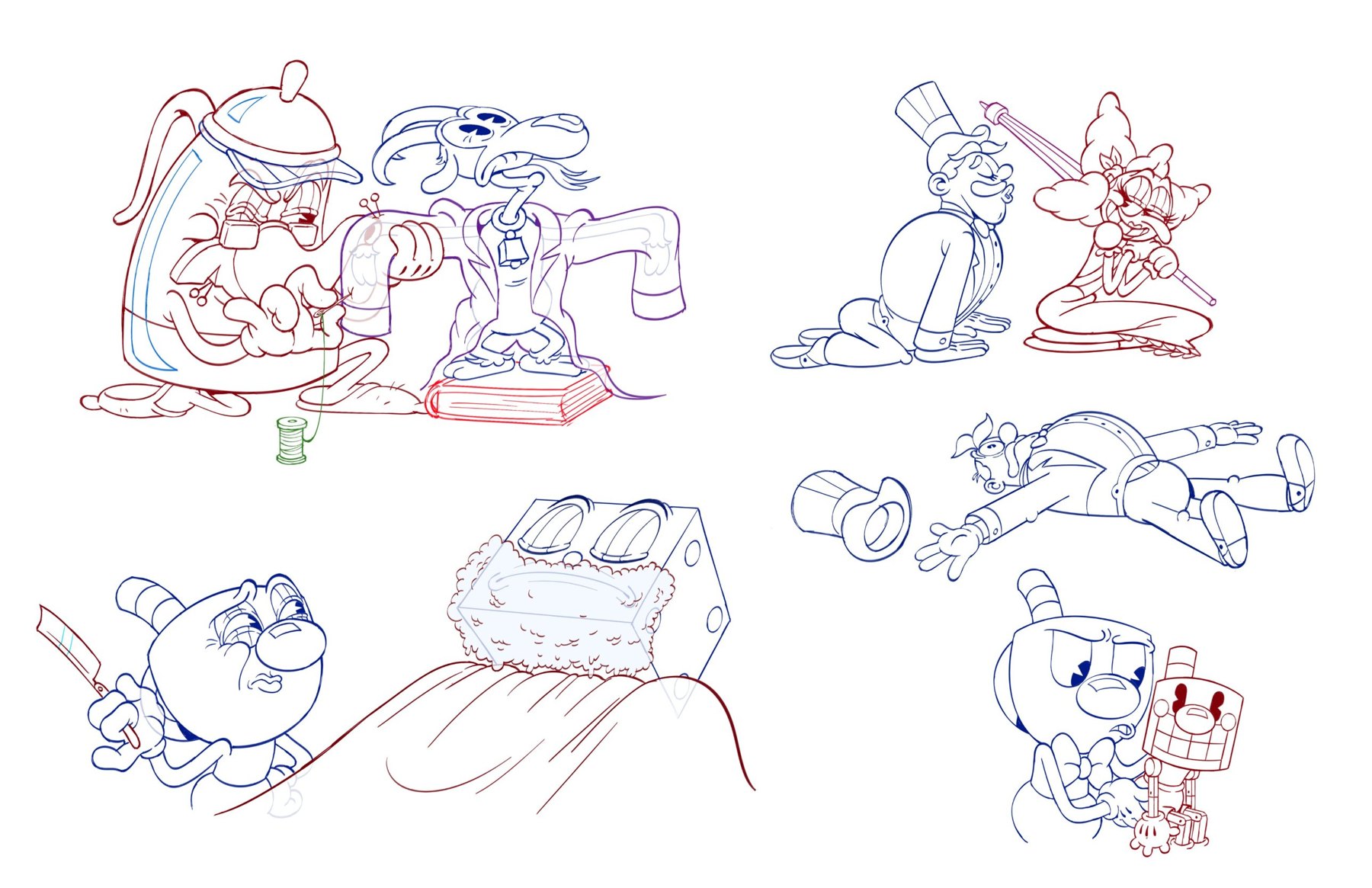 A kettle tailor, a goat on a book, a ringmaster and Cuphead with a cleaver