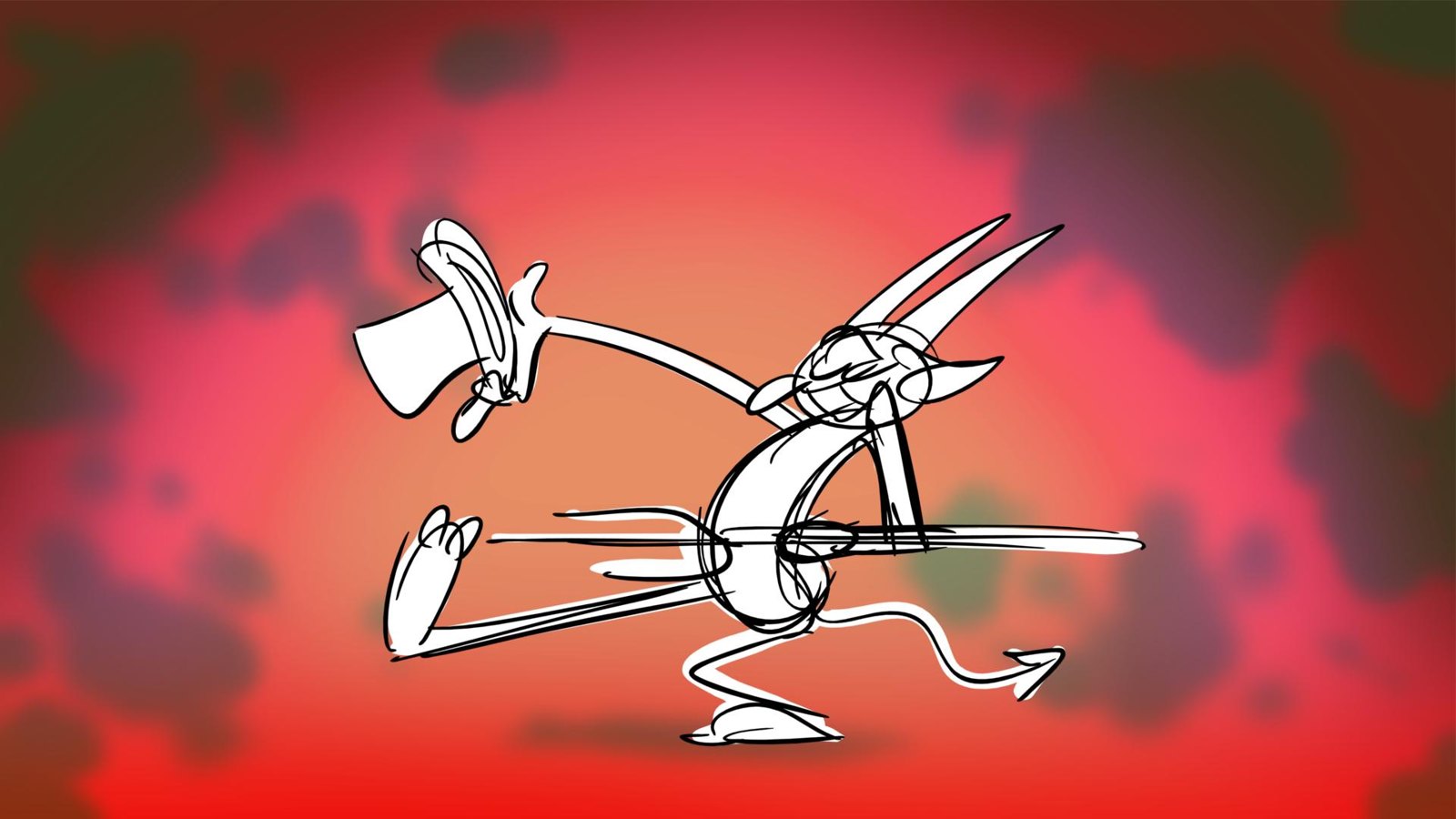 The Devil strikes a pose with top hat and cane against a red glow