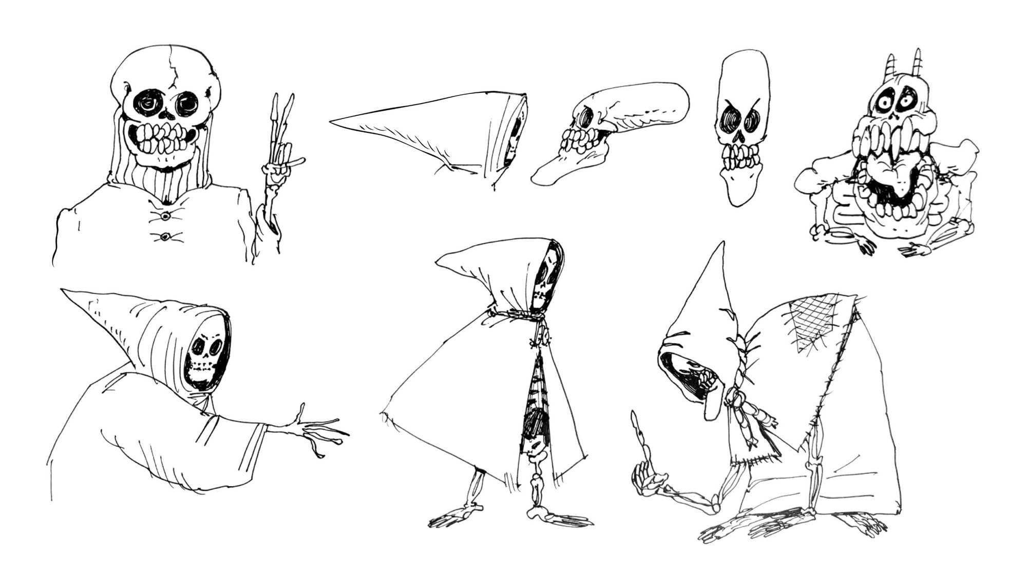Ink sketches of hooded skeletons and grinning skulls