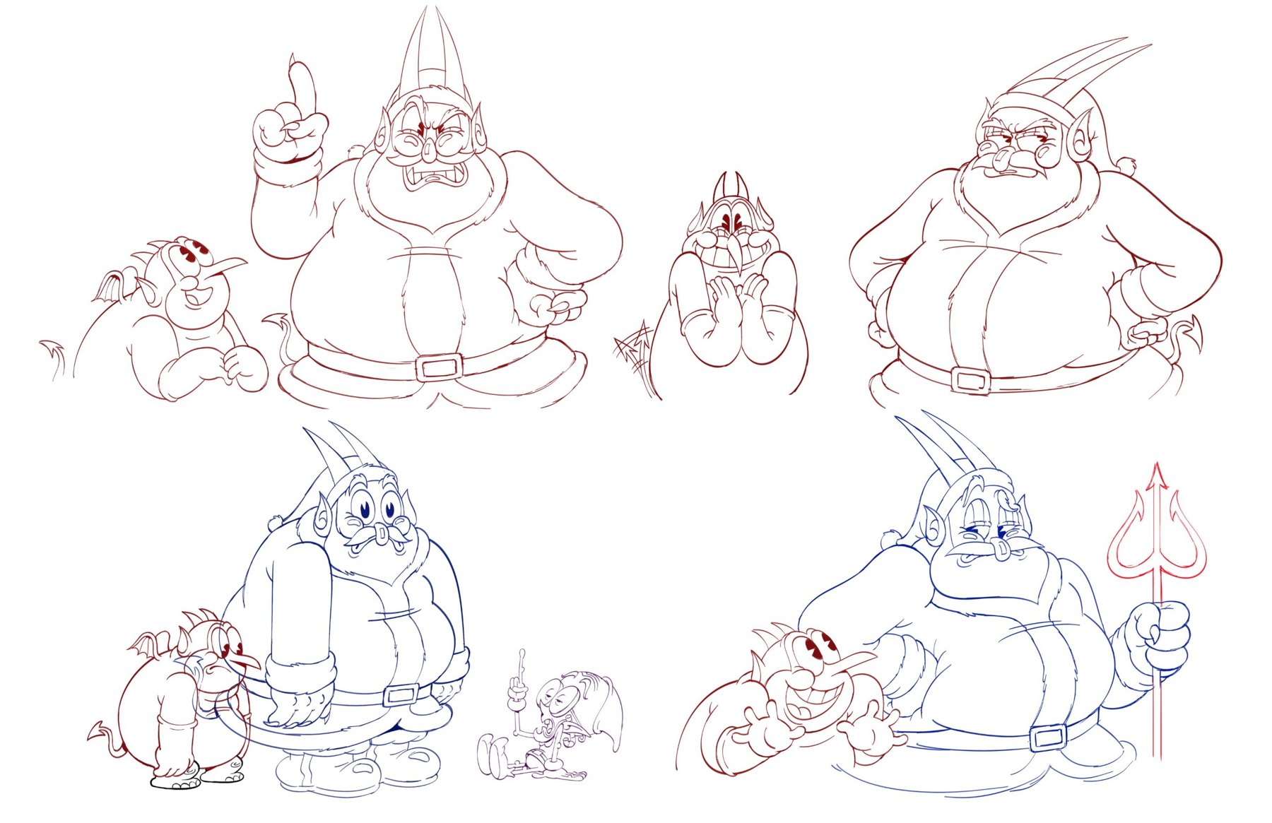 Santa Devil scolding, scheming and leaning, with the henchman