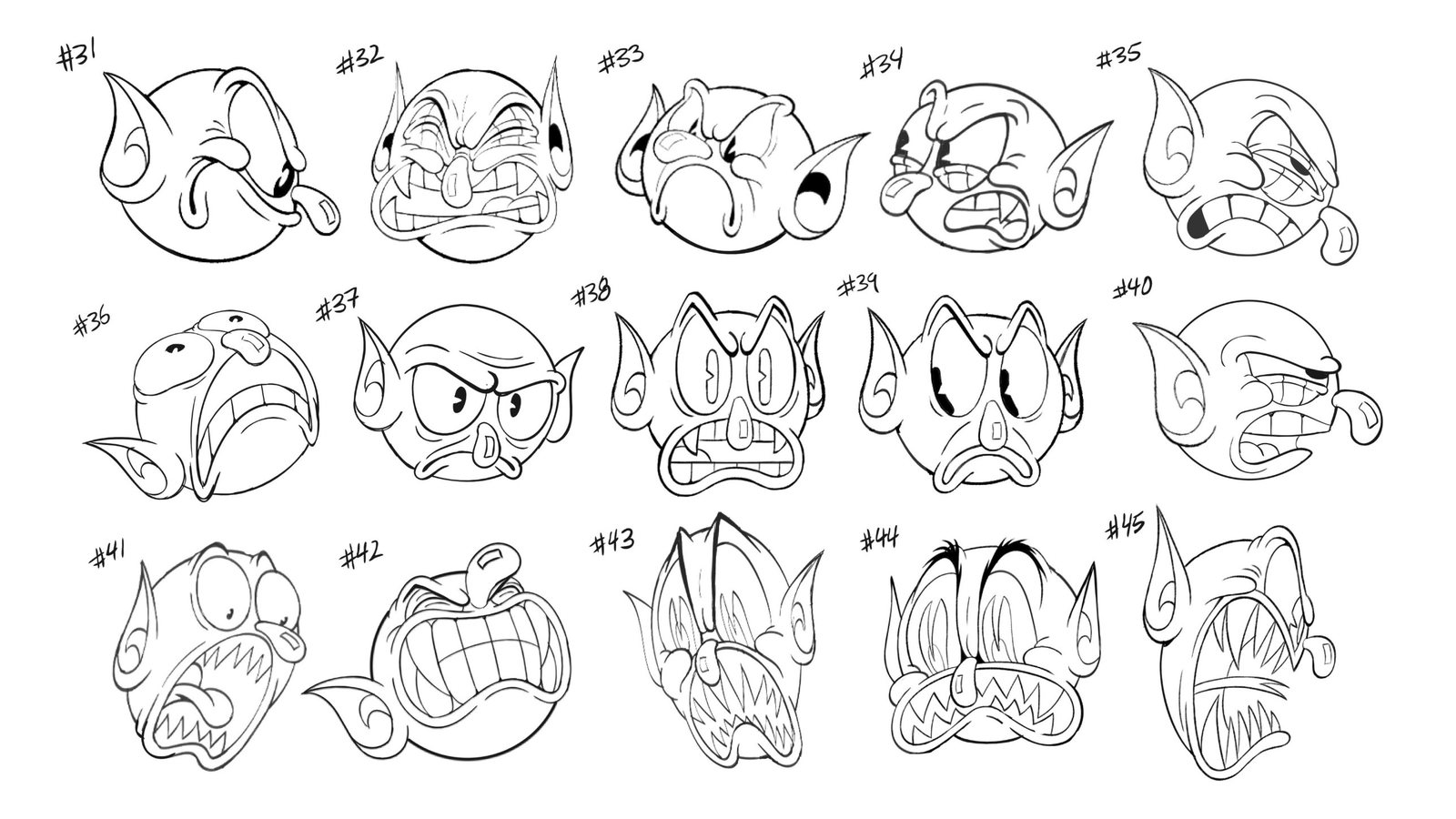 Devil expression sheet, numbers 31 to 45