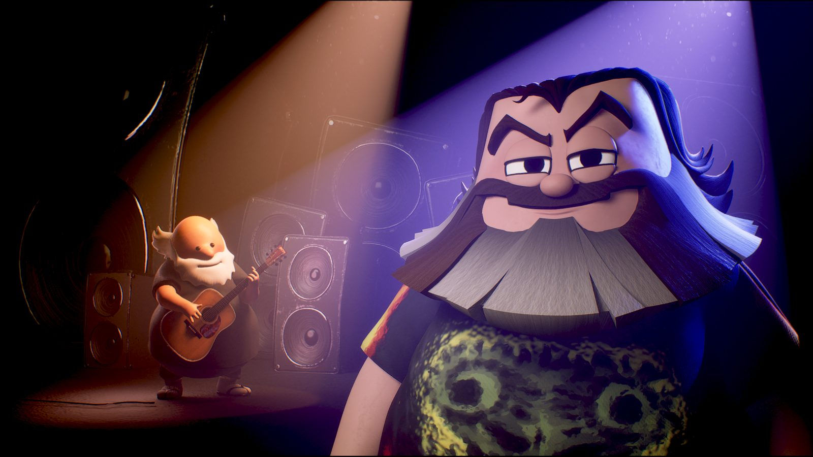Jack Black under a purple spotlight while Kyle Gass plays guitar