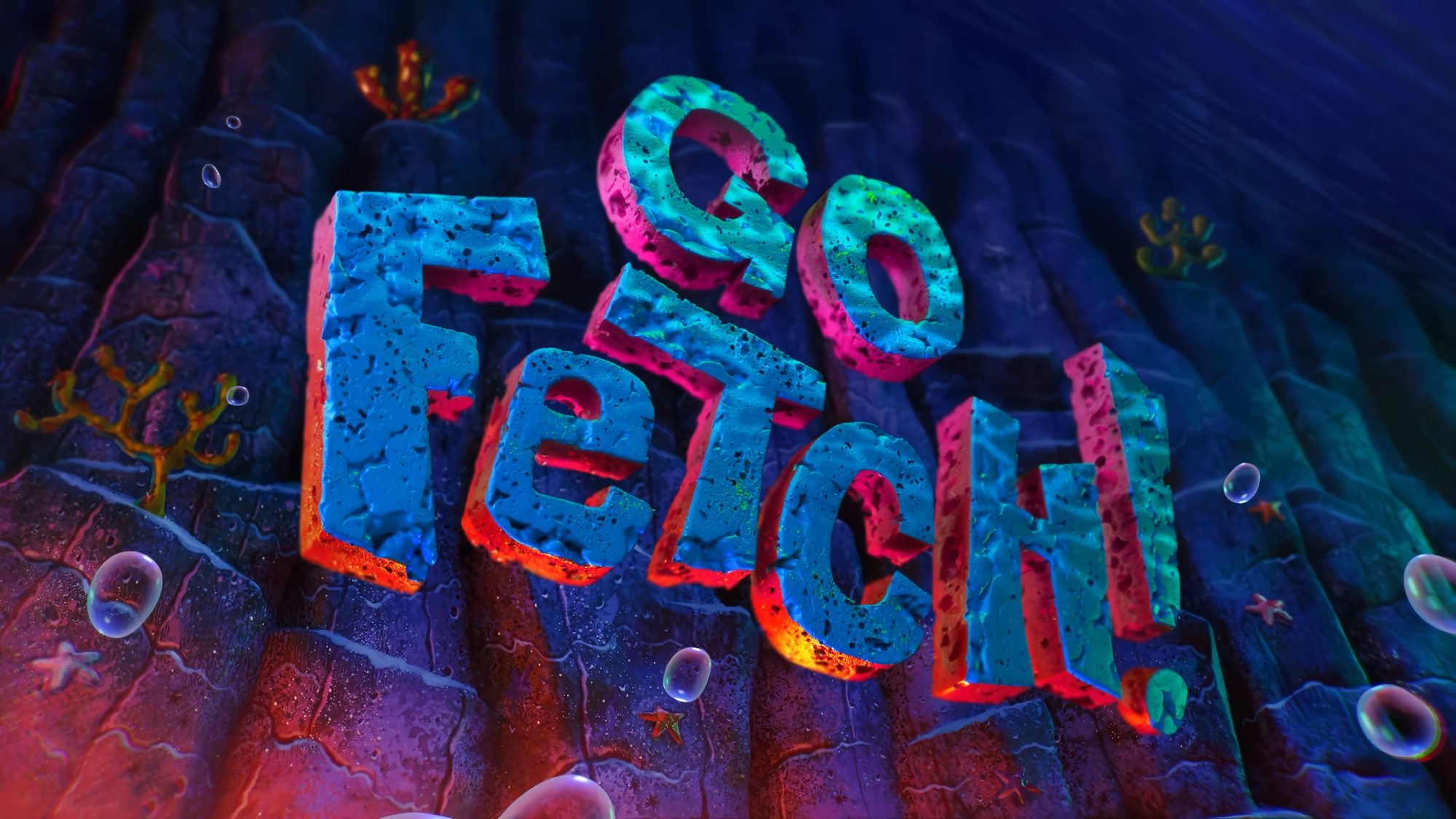 The title “Go Fetch!” carved in craggy blue and pink rock on the dark seafloor, bubbles drifting up