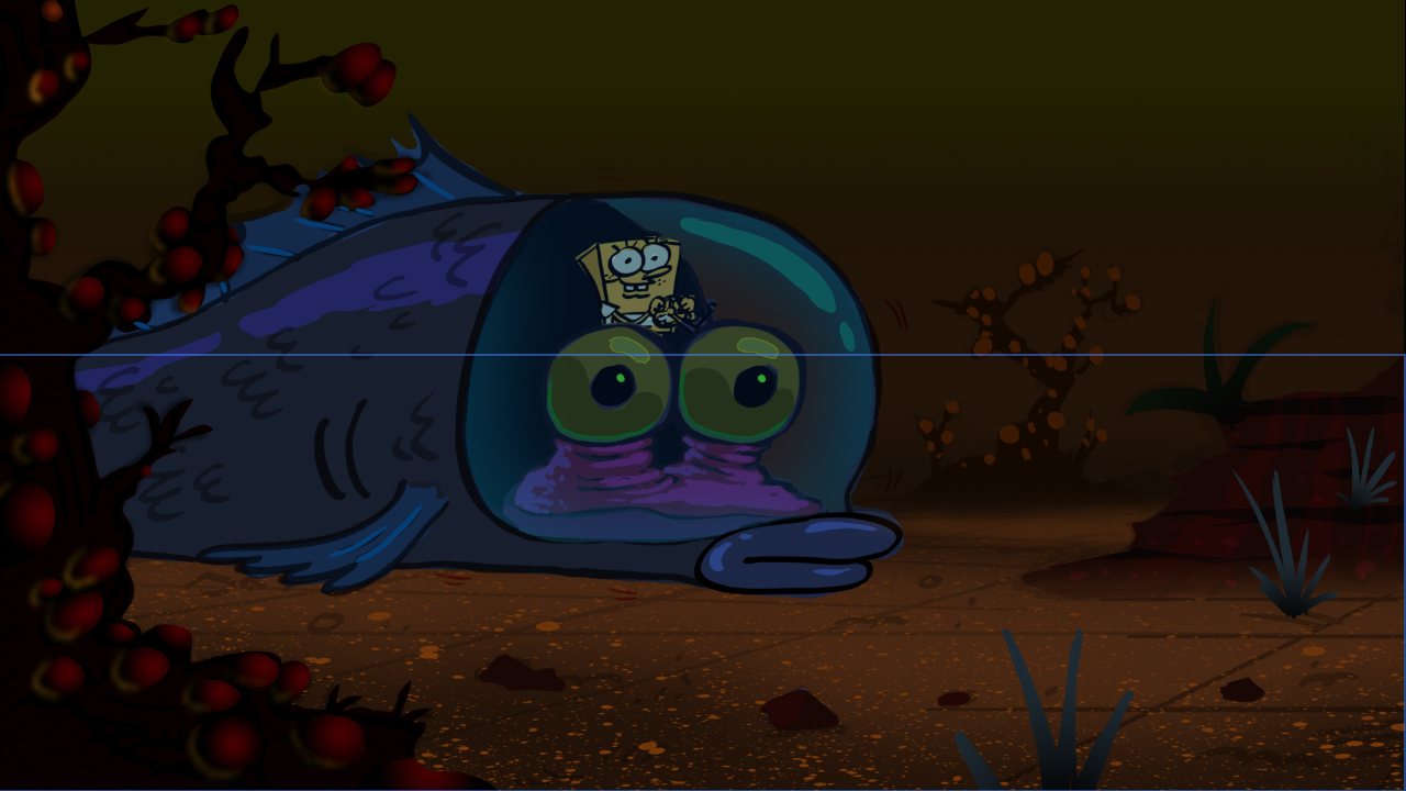 Color key: a huge dark anglerfish looms over SpongeBob on the skull pile