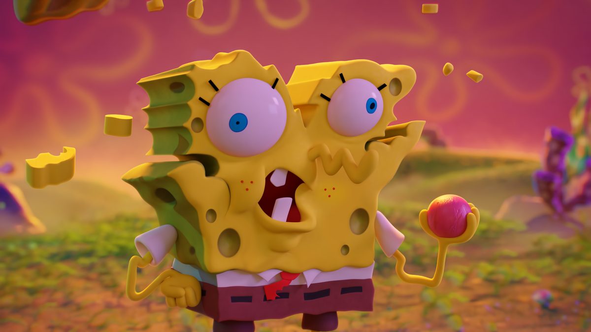 SpongeBob squashed flat, eyes bulging, from “Go Fetch!”
