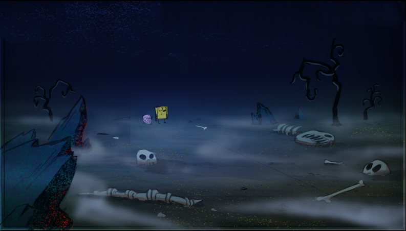 Color key: SpongeBob and Gary in a foggy graveyard of bones