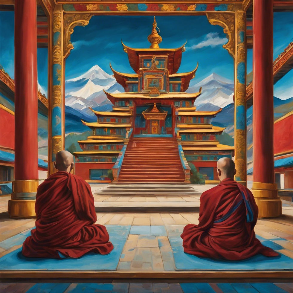 Two monks seated in meditation in front of a Tibetan temple with snow capped mountains in the background and blue sky.