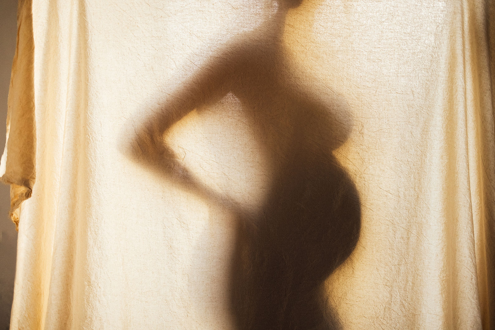 Shadow silhouette of a female pregnant behind a textured fabric A woman expecting a baby s