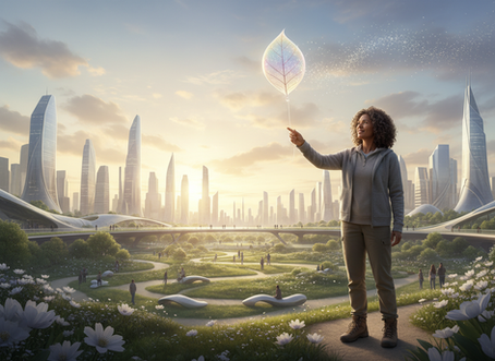 A woman holds a glowing leaf balloon in a futuristic city park. Skyscrapers and people in paths are visible under a warm, golden sky.