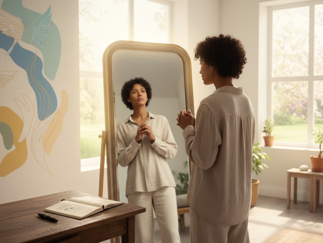 Person in beige clothing gazes into a mirror in a serene room with plants and a wall mural. An open notebook and pen sit on a wooden table.