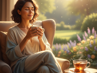 Woman relaxing in cozy chair with steaming mug, eyes closed and smiling. Soft lighting, neutral tones, and window view in the background.