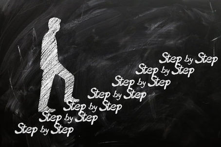 chalk drawn picture of a man walking up steps that say "step by step" on a chalkboard