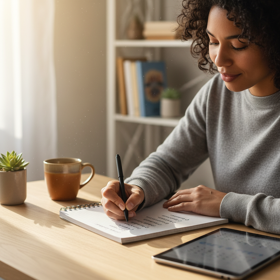 Person writing in a notebook at a wooden desk with a tablet, mug, and plant. Sunlit room with shelves in background, calm atmosphere.