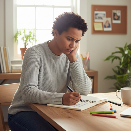 A person in a gray sweater writes in a notebook at a wooden desk, looking thoughtful. Background has a window, books, and a bulletin board.