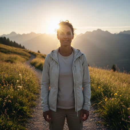 Woman in a light jacket standing on a mountain trail at sunset, surrounded by grass and wildflowers, with a serene expression.