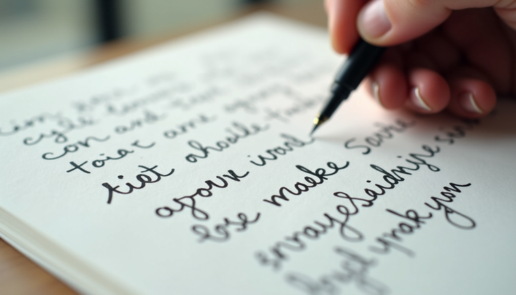 Close-up view of handwritten script on paper showing varied handwriting styles