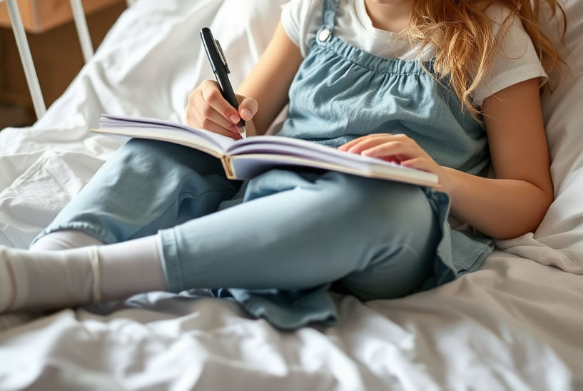 a twelve year old girl sitting on a hospital bed, writing in a note book_edited.jpg