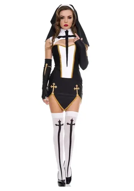 Thumbnail: Black Seductive Sexy Nun Costume – Transform your roleplay with this provocative nun outfit featuring a form-fitting design
