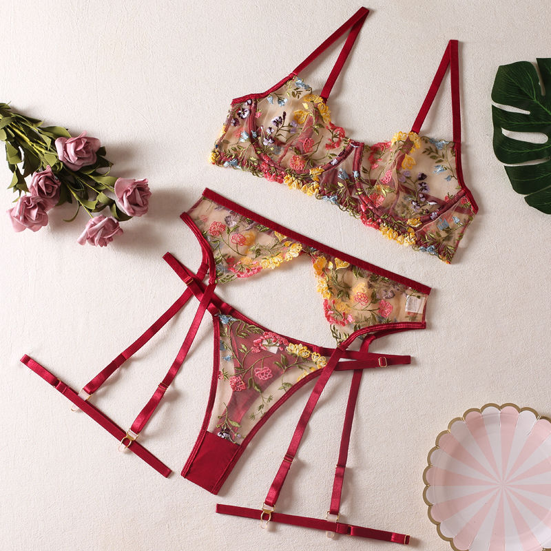 Thumbnail: red Seductive Floral 3-Piece Garter Set for women – perfect lingerie for confidence and style