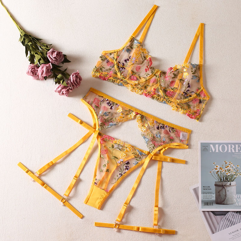 Thumbnail: Yellow Seductive Floral 3-Piece Garter Set for women – perfect lingerie for confidence and style